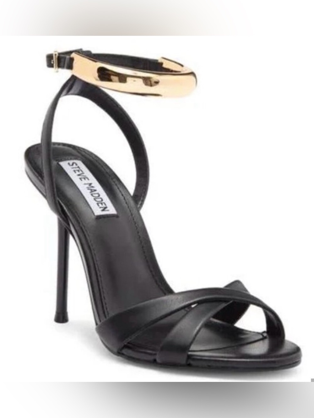 NEW Steve Madden Black Leather Gold Cuff Ankle Heels | Stiletto Sandals Sz 10